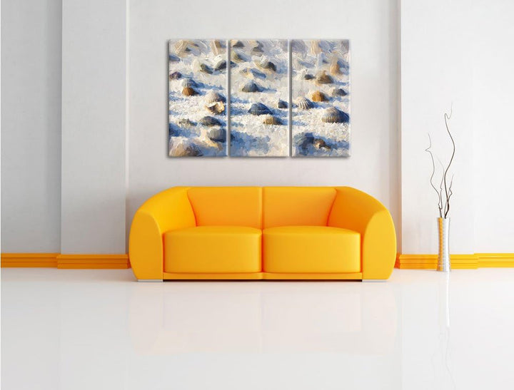 Pixxprint Muscheln im Sand Kunst als Leinwandbild/Grösse: 3 Teilig (120x80) cm/Wandbild/Kunstdruck/f