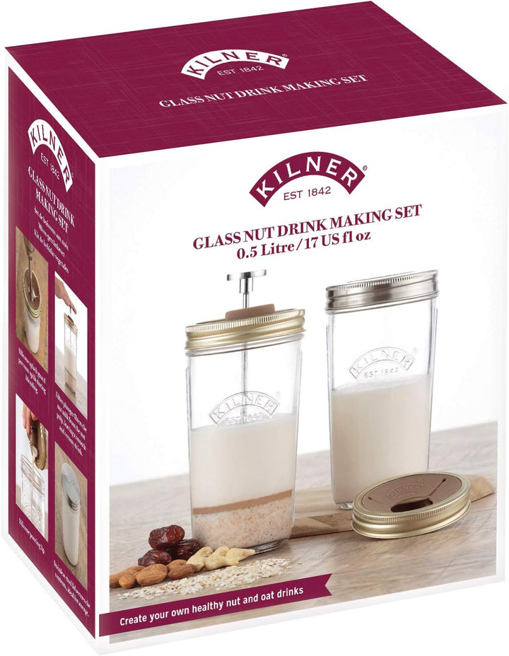 Kilner Nussmilch/Mandelmilch-Herstellungset-Set, 2 Gläser mit Zubehör und Deckel, 0,5 l