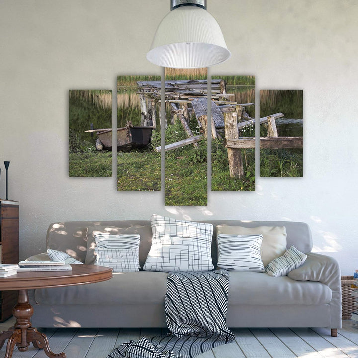 Feeby Bild auf Leinwand Landschaft 5 Teilig Modern Natur Wasser Brücke grün 200x100 cm Leinwandbild