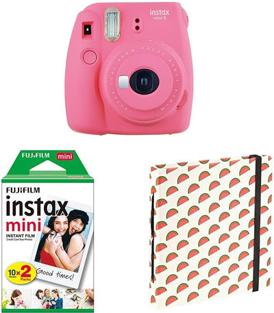 Fujifilm Instax Mini 9 Flamingo Rosa + Doppelpackung 2x 10 Mini Instant Film + Mini Fotoalbum "Melon