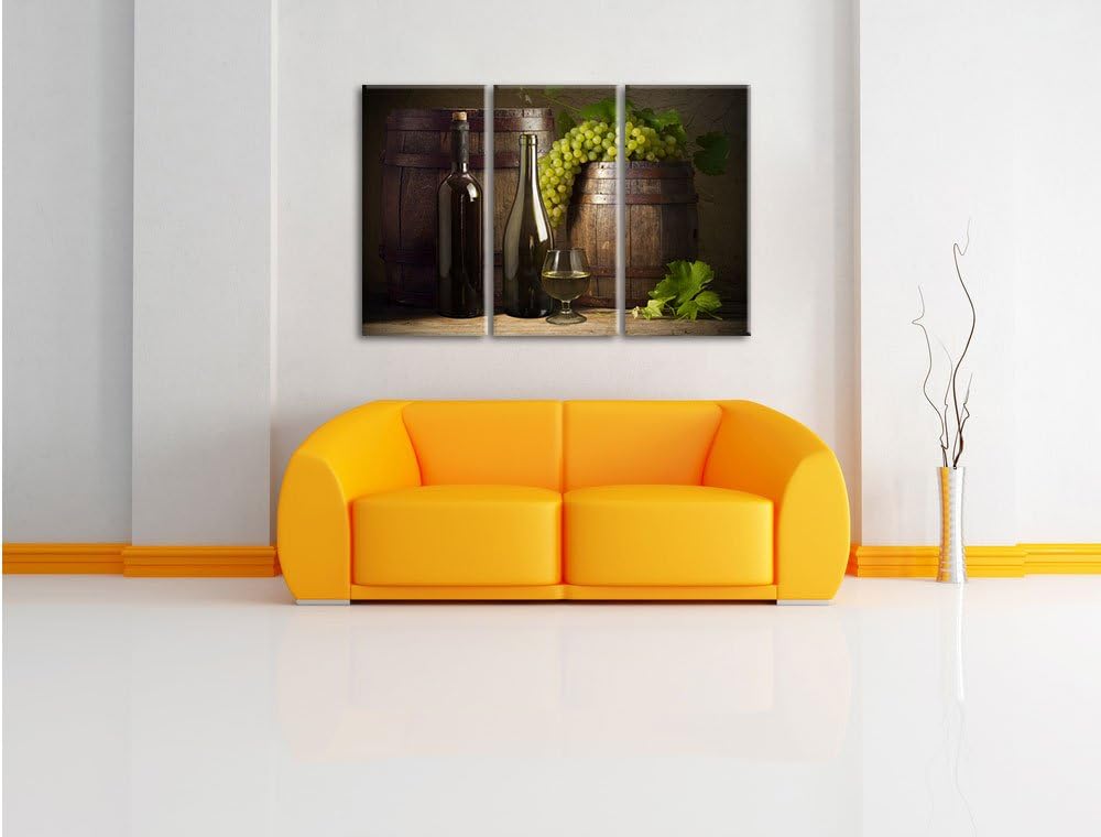 Pixxprint Fässer mit Weintrauben und Wein als Leinwandbild | Grösse: 3 Teilig (120x80) | Wandbild| K