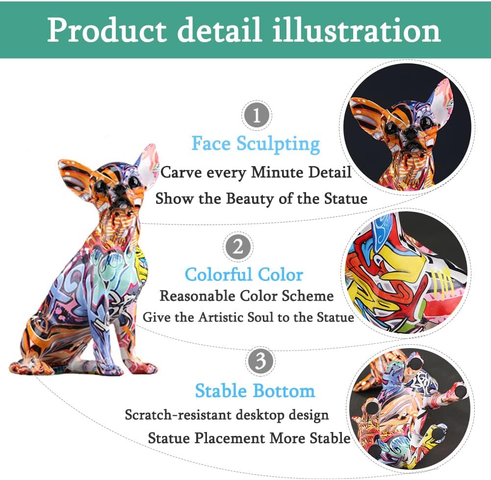 Chihuahua-Hundestatue aus Harz – Heimdekoration, bunte Chihuahua-Hundestatue, bunte Graffiti-Chihuah
