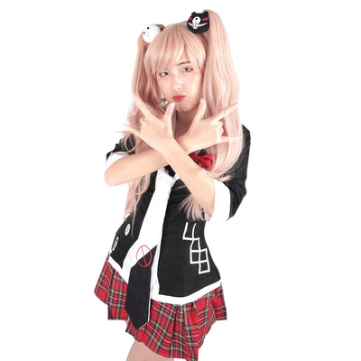 Perücke von Junko Enoshima für Danganronpa Fans | Cosplay Wig mit Monokuma Haarspangen | Rosa