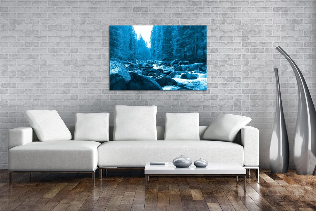 deyoli idyllischer Fluss im Wald Format 80x60 Effekt: Monocrome Blau als Leinwandbild, Motiv fertig