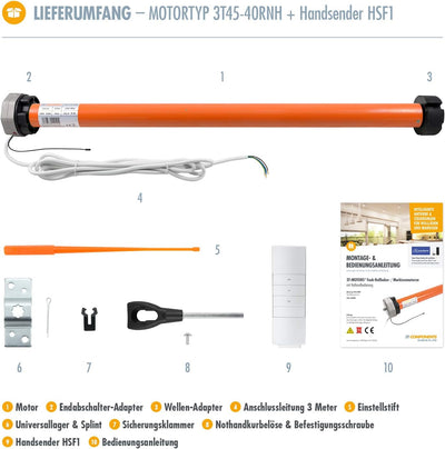 3T-MOTORS Funk-Markisenmotor 3T45-40RNH + HSF1 (Zugkraft 40 Nm/80 kg) für 85 mm Markisenwelle, zum N