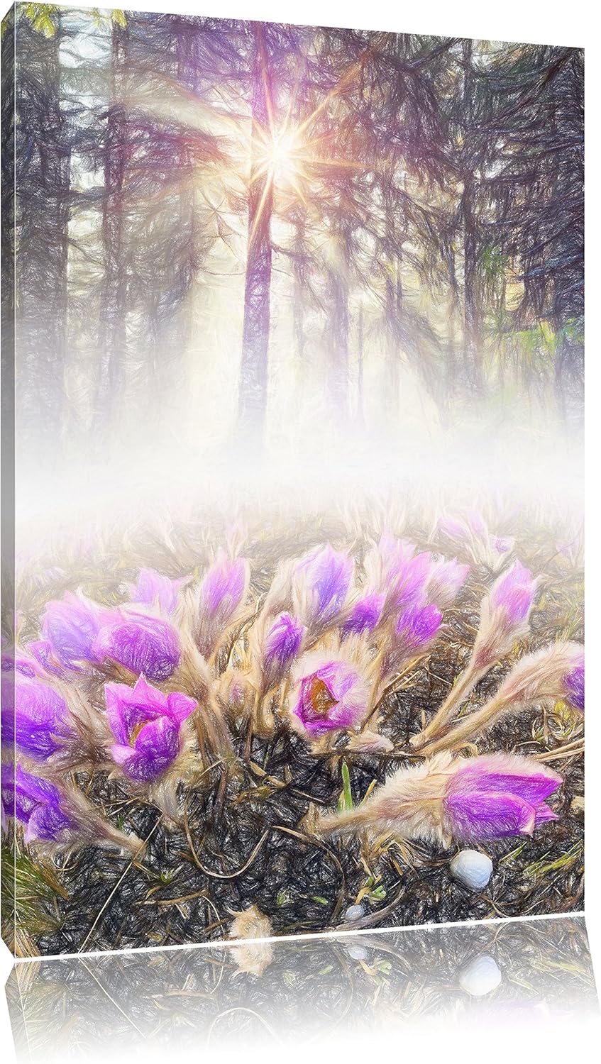 Pixxprint blühende lila Blumen im Wald Kunst Buntstift Effekt, Format: 100x70 auf Leinwand, 100x70