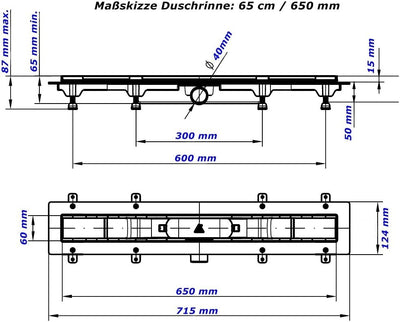 Duschrinne Bodenablauf Edelstahl Ablaufrinne Badablauf flach 65cm, Modell: Basic