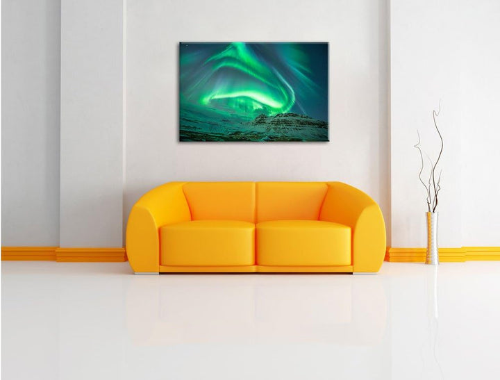 Nordlichter über Island, Format: 100x70 auf Leinwand, XXL riesige Bilder fertig gerahmt mit Keilrahm