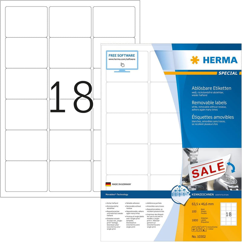 HERMA 10302 Universal Etiketten ablösbar, 100 Blatt, 63,5 x 46,6 mm, 18 Stück pro A4 Bogen, 1800 Auf