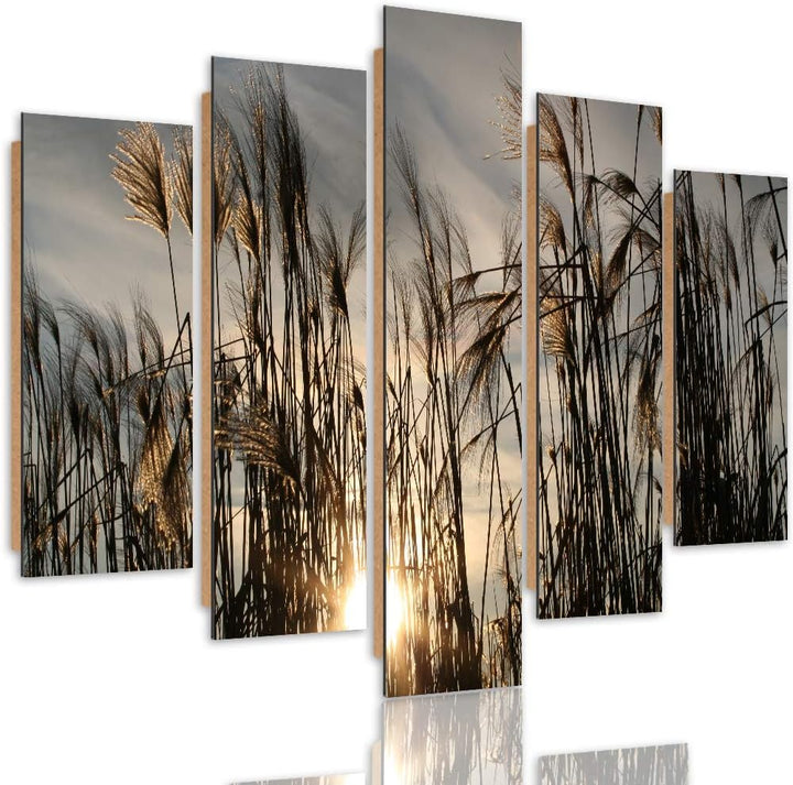 Feeby Wandbild Natur 200x100 cm Deco Panel 5 Teilig XXL Kunstdruck Gras Sonne braun Deco Panel XXL 2