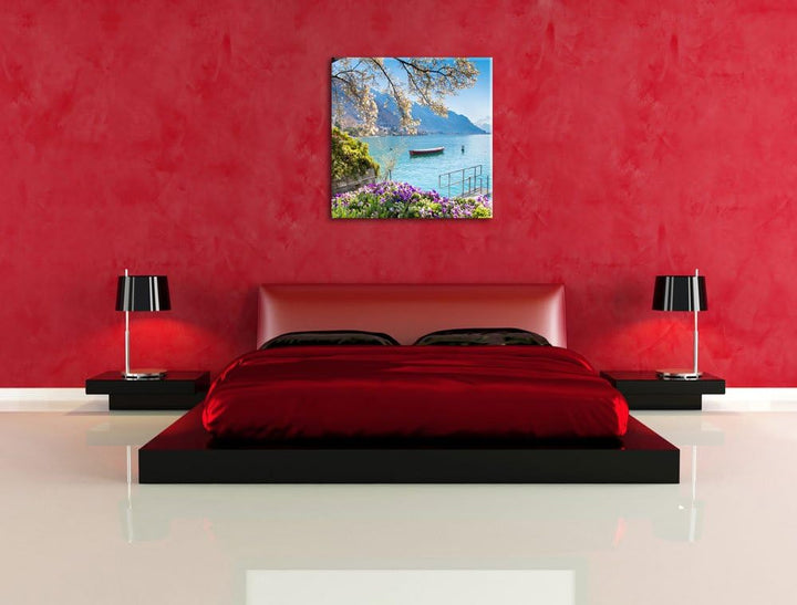 Genfer See im Sonnenschein, Format: 70x70 auf Leinwand, XXL riesige Bilder fertig gerahmt mit Keilra