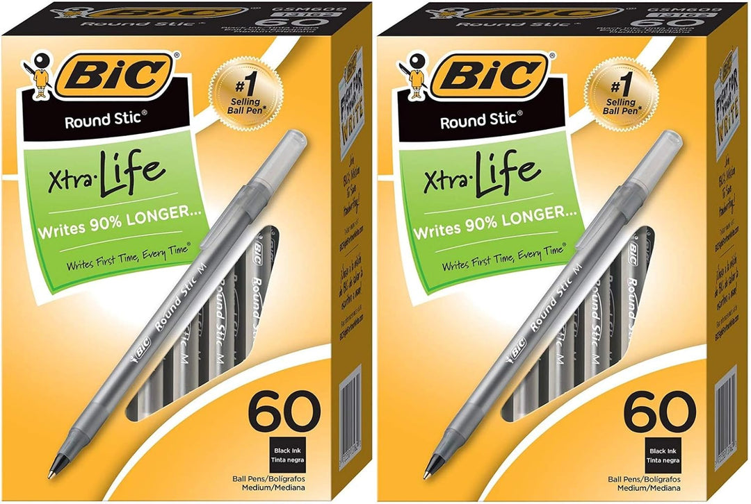 BIC Round Stic Xtra Life Ball Pen, Medium Point (1.0mm), Black, 60 Count - 2 Pack
