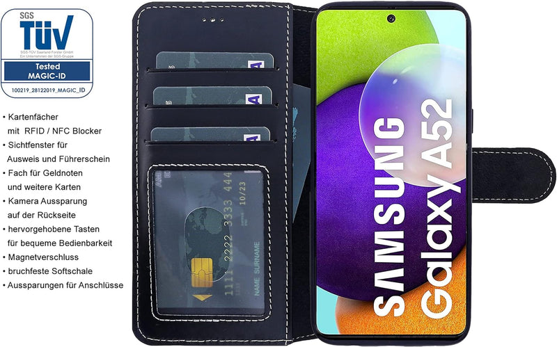 Burkley Lederhülle für Samsung A52 / A52s Handyhülle mit Kartenhalter - RFID/NFC Schutz und Kickstan