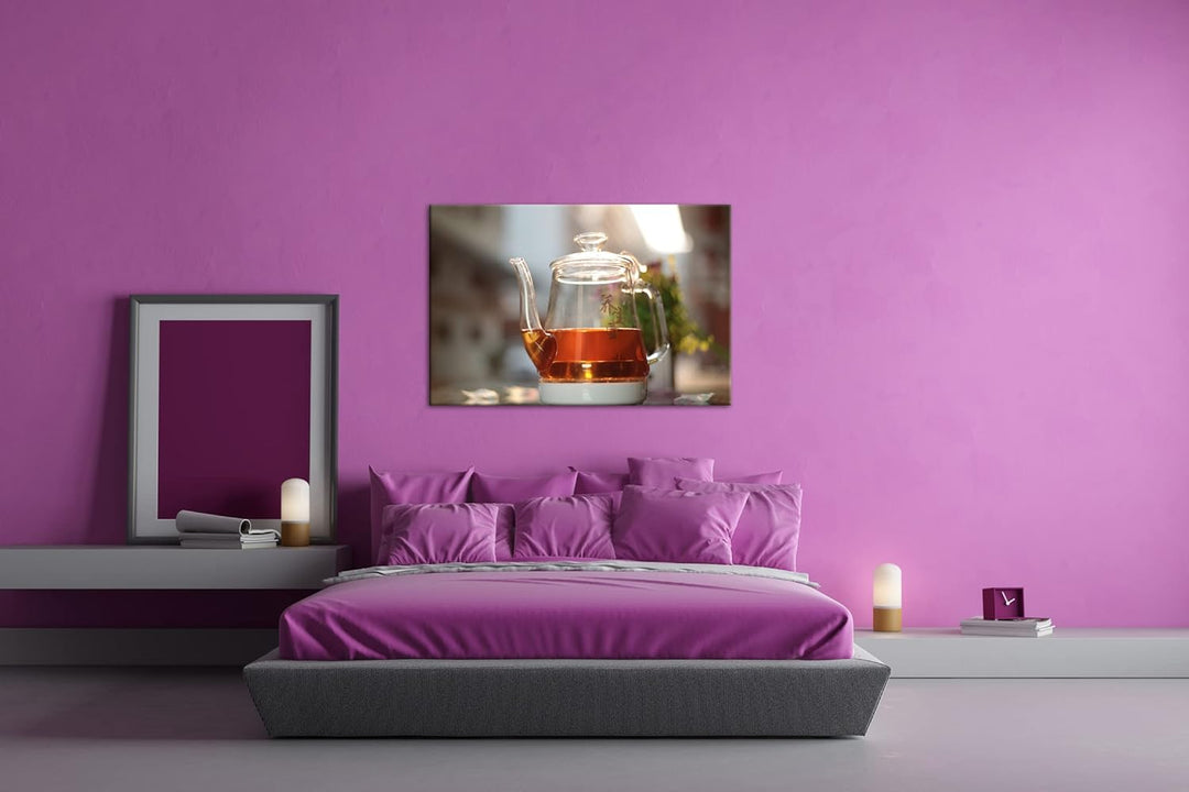 deyoli schwarzer Tee in eleganter Glaskanne im Format: 80x60 als Leinwandbild, Motiv fertig gerahmt