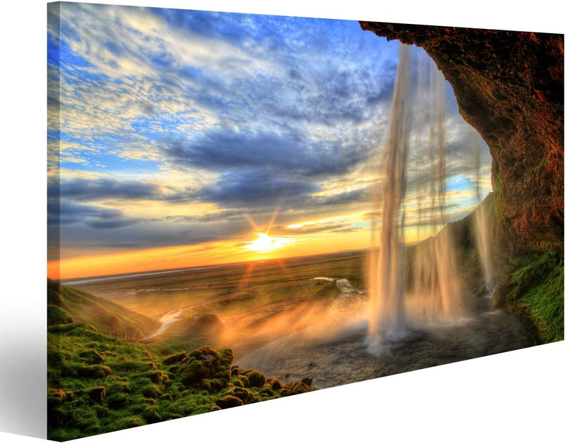 Bild auf Leinwand Seljalandfoss Wasserfall Bei Sonnenuntergang In HDR Island Wandbild Poster Kunstdr