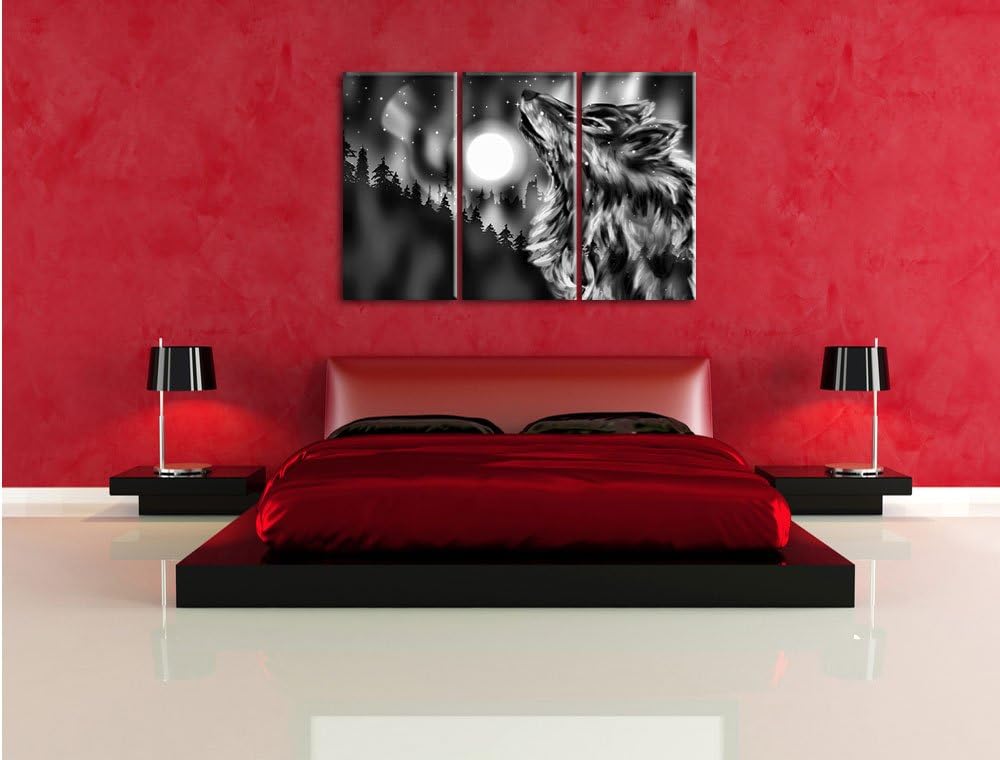 Pixxprint Abstrakter Wolf mit Mond / 3-Teilig/Gesamtmass 120cm Leinwandbild bespannt auf Holzrahmen/