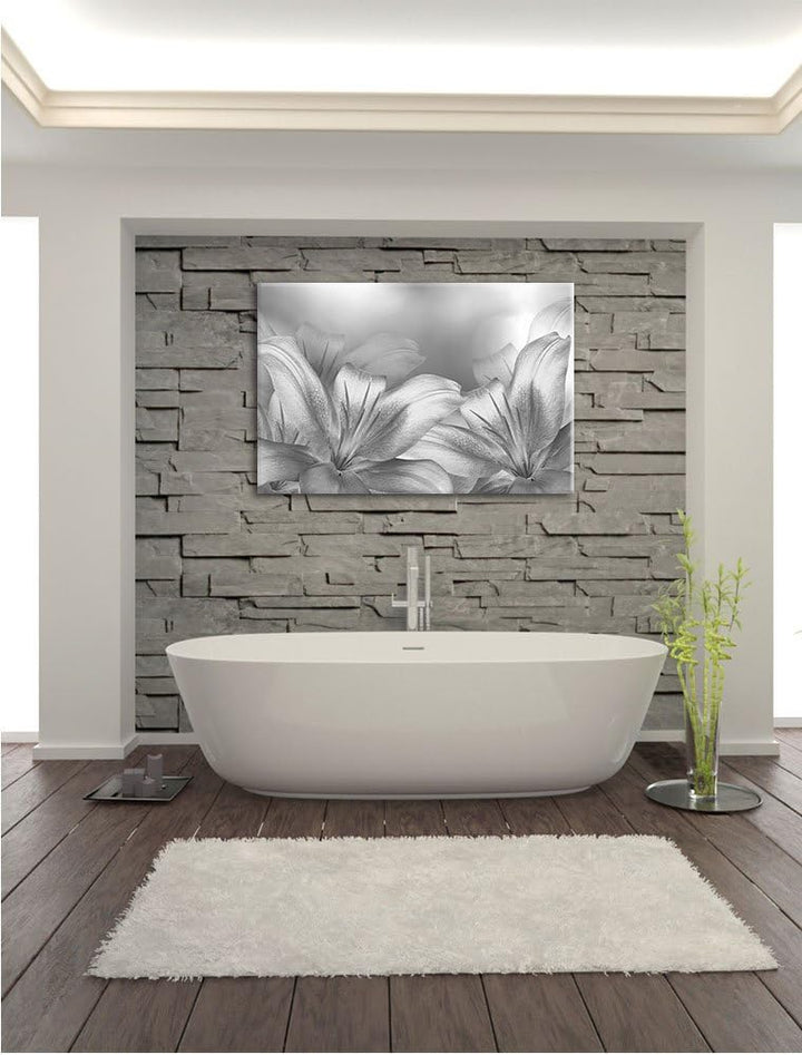 türkise Lilien Kunst B&W, Format: 100x70 auf Leinwand, XXL riesige Bilder fertig gerahmt mit Keilrah