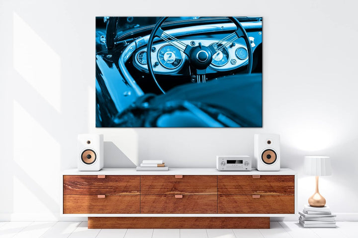 deyoli Roter Cabrio Oldtimer Format 80x60 Effekt: Monocrome Blau als Leinwandbild, Motiv fertig gera