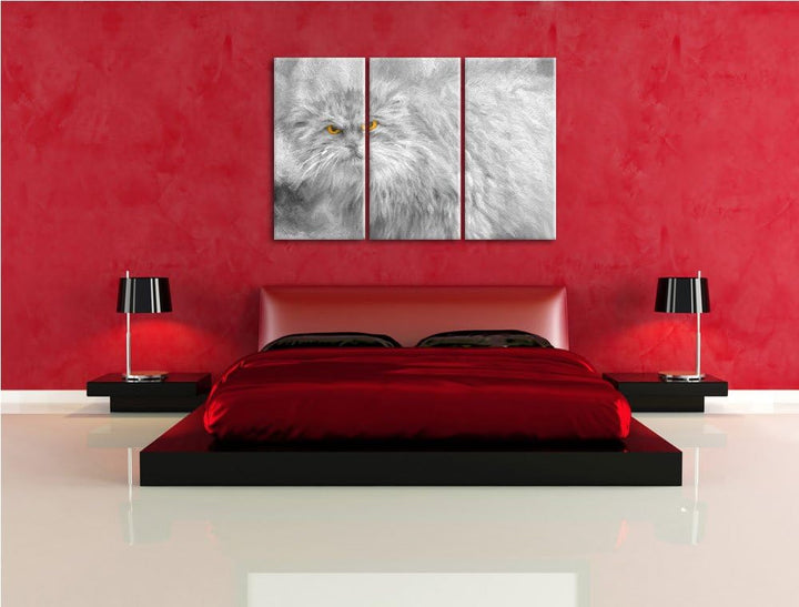 wütende kleine Manul schwarz/weiss Deluxe 3-Teiler Leinwandbild 120x80 Bild auf Leinwand, XXL riesig
