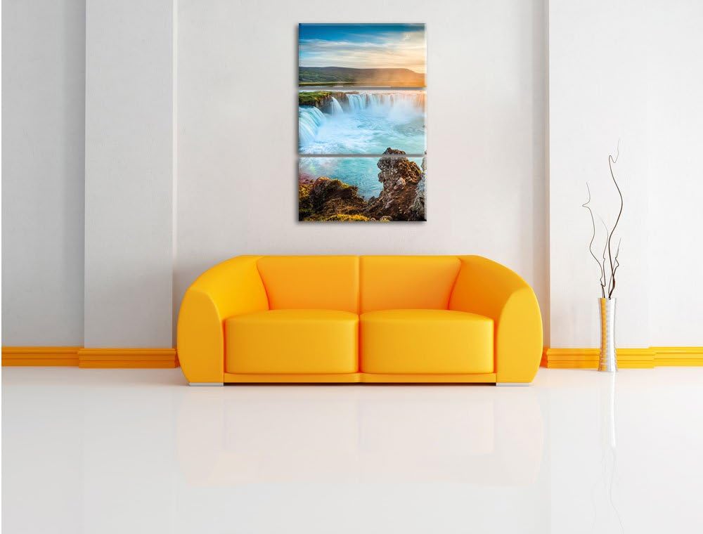 Pixxprint Wasserfall im Sonnenschein 3-Teiler Leinwandbild 120x80 Bild auf Leinwand