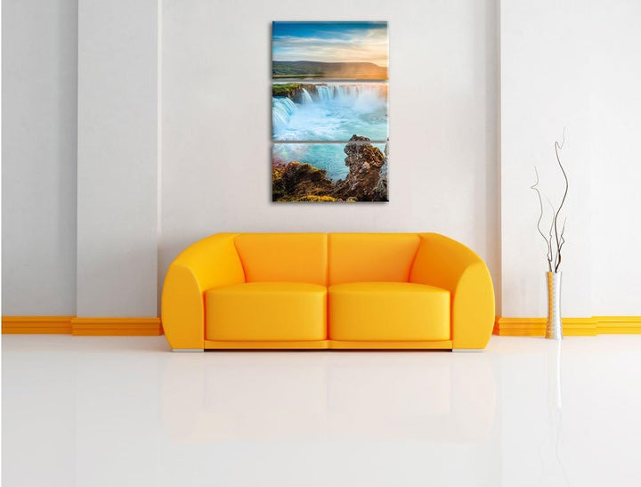 Pixxprint Wasserfall im Sonnenschein 3-Teiler Leinwandbild 120x80 Bild auf Leinwand