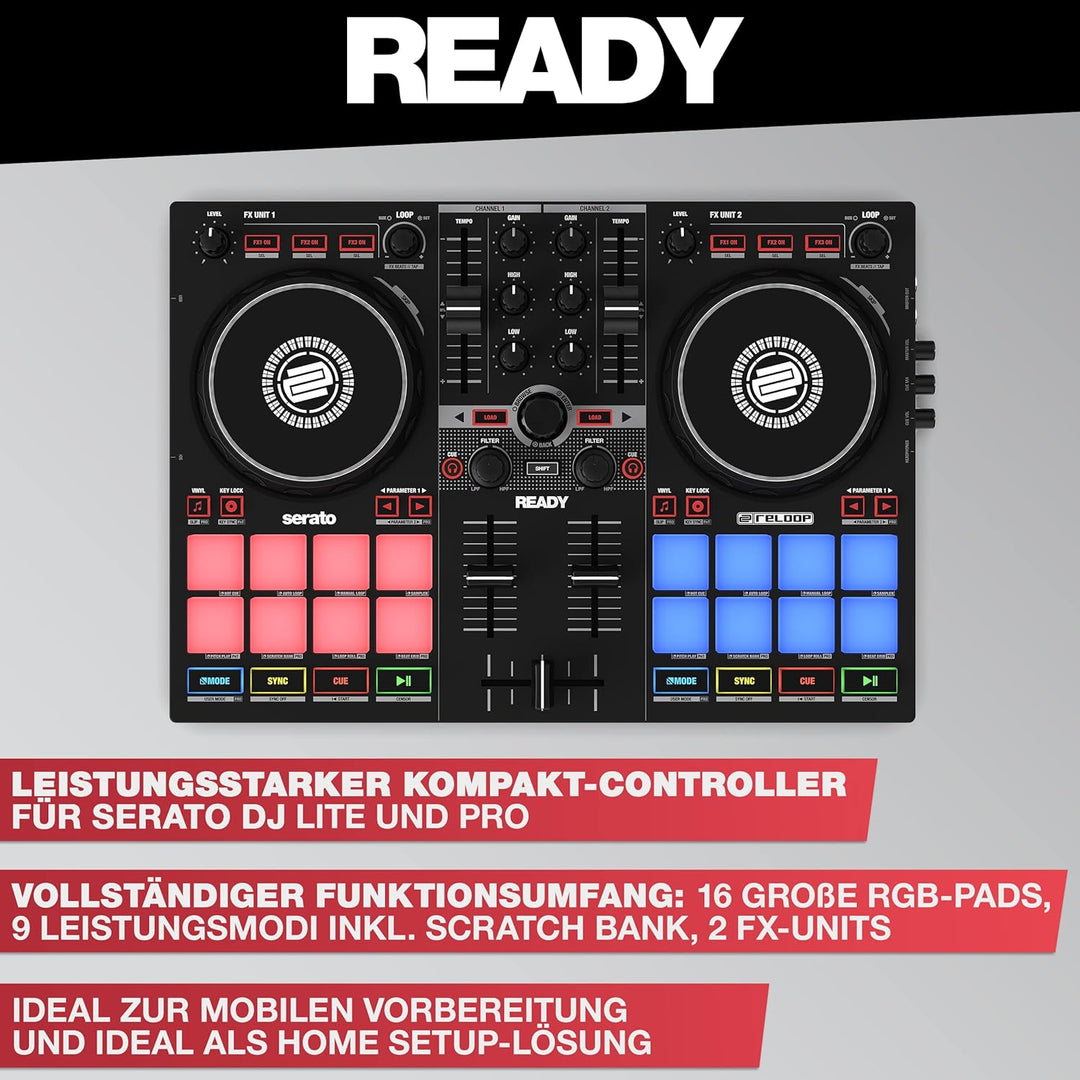 Reloop Ready - Kompakter 2-Deck-DJ-Controller für Serato DJ Lite (inklusive) & DJ Pro,16 grosse RGB-