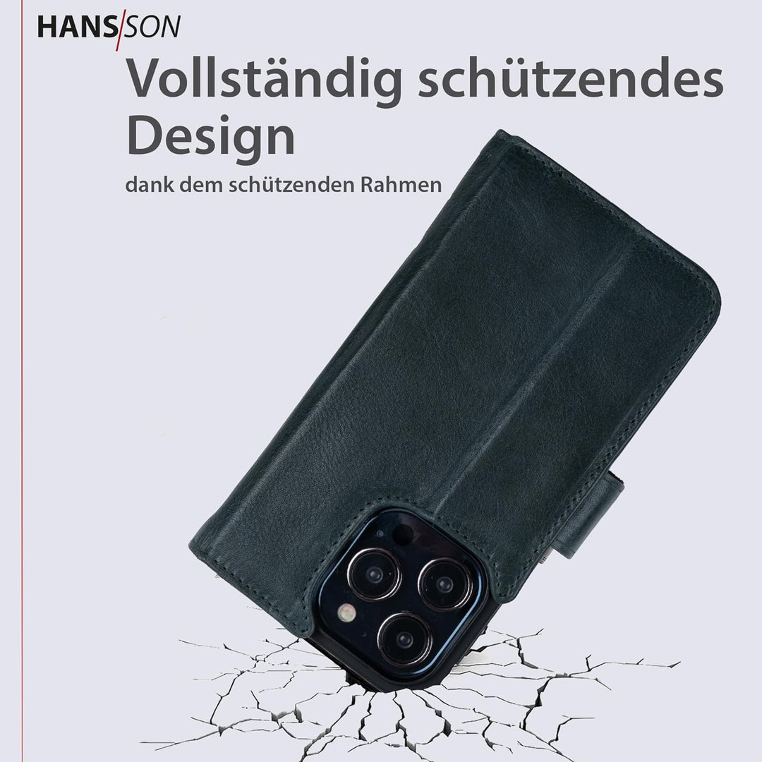 HANS/SON Hülle aus Echtleder mit Kartenfächern | iPhone 12 Pro Max Klapphülle in Petrol | Geldbeutel