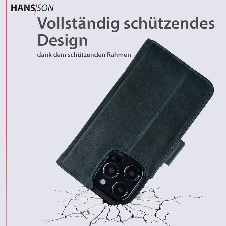 HANS/SON Hülle aus Echtleder mit Kartenfächern | iPhone 12 Pro Max Klapphülle in Petrol | Geldbeutel