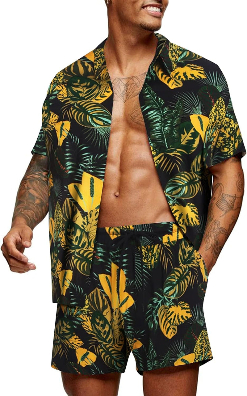 COOFANDY Herren Hawaii Hemd Sommer Outfit Männer Strandhemd Shirt und Shorts Hawaiihemd Party Blumen