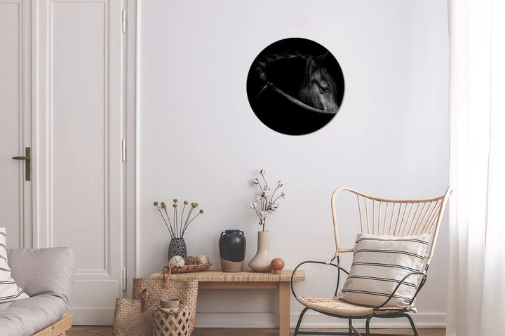 MuchoWow Wandbild Rund Wanddeko Deko Wohnzimmer Bilder 30x30 cm Pferde - Porträt - Schwarz - Tiere
