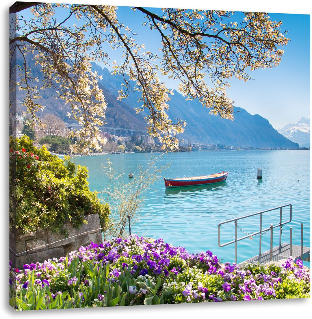 Genfer See im Sonnenschein, Format: 70x70 auf Leinwand, XXL riesige Bilder fertig gerahmt mit Keilra