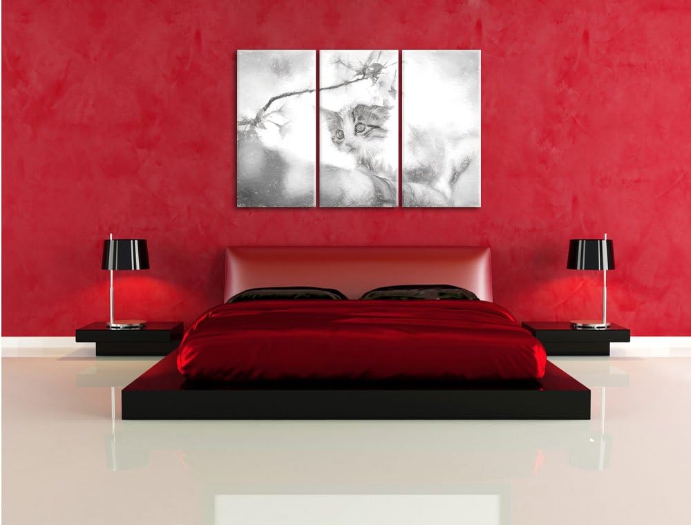 Pixxprint Süsses Kätzchen im Kirschbaum Kunst als Leinwandbild 3 teilig/Grösse: 3 Teilig (120x80) /
