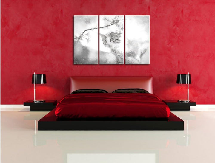 Pixxprint Süsses Kätzchen im Kirschbaum Kunst als Leinwandbild 3 teilig/Grösse: 3 Teilig (120x80) /