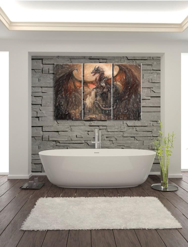 Pixxprint Drache schützend über Burg / 3-Teilig/Gesamtmass 120cm Leinwandbild bespannt auf Holzrahme