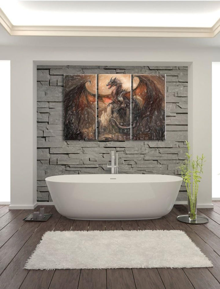 Pixxprint Drache schützend über Burg / 3-Teilig/Gesamtmass 120cm Leinwandbild bespannt auf Holzrahme