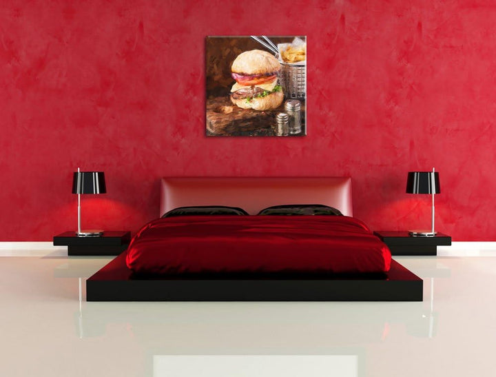 Pixxprint Cheesburger mit Pommes Pinsel Effekt, Format: 70x70 auf Leinwand, 70x70