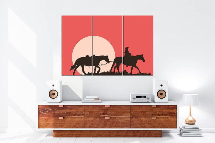 deyoli Cowboy im Sonnenuntergang Format: 3-teilig 120x80 als Leinwand, Motiv fertig gerahmt auf Echt