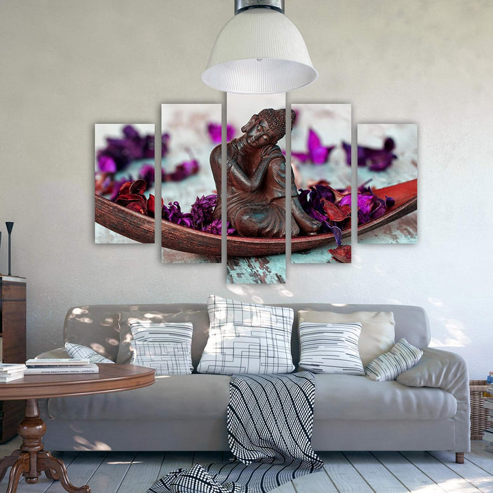 Feeby Bilder Buddha 200x100 cm Leinwandbild 5 Teilig XXL Kunstdruck modern Blumen violett Leinwandbi