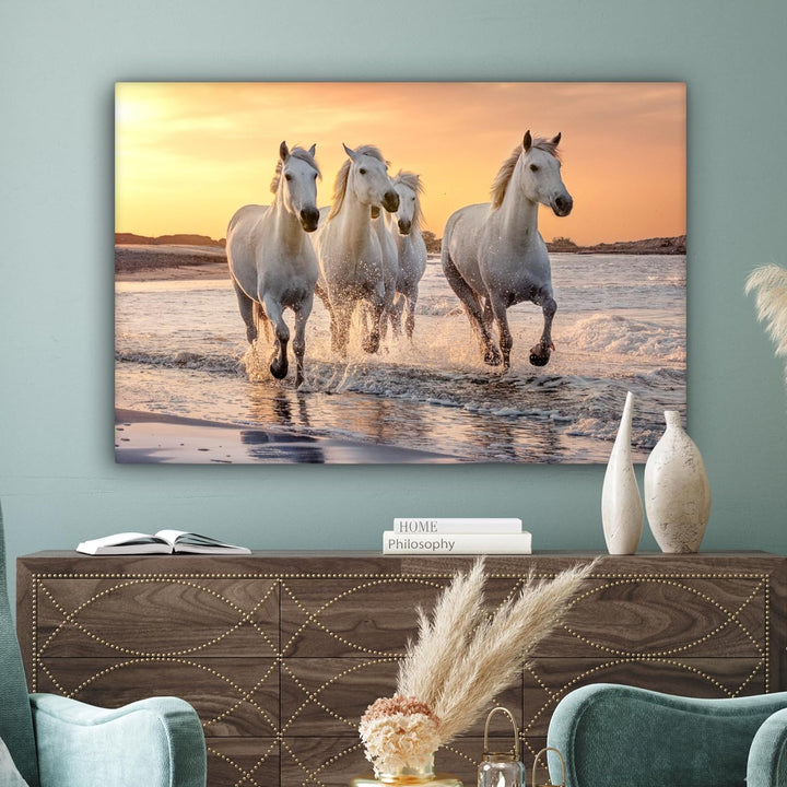 MuchoWow Leinwand Bilder, Einzigartige Wanddeko mit Rahmen, Pferde - Sonne - Meer - Strand - Tiere,