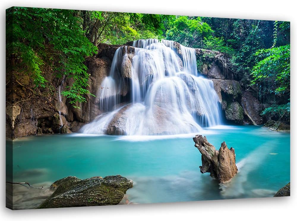 Feeby Wanddeko Wasserfall Leinwandbild Kunstdruck Landschaft Blau 90x60 cm