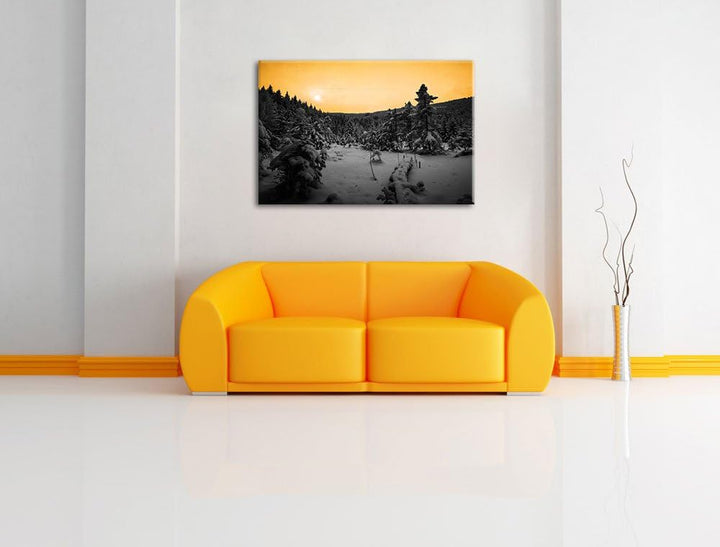 Wald im verschneiten Winter schwarz/weiss Format: 100x70 auf Leinwand, XXL riesige Bilder fertig ger