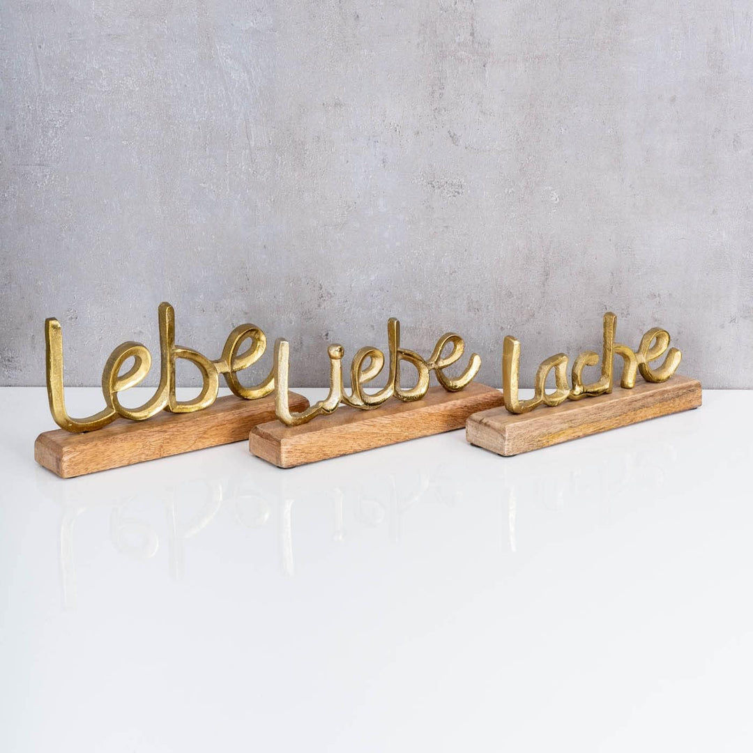 levandeo 3er Set Schriftzug Lache Liebe Lebe L22cm Metall Gold Mango Holz Deko Aufsteller Tischdeko