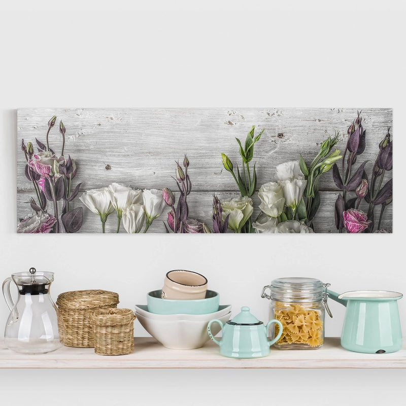 Bilderwelten Leinwandbild - Tulpen-Rose Shabby Holzoptik - Panorama Quer, 40cm x 120cm, 40cm x 120cm