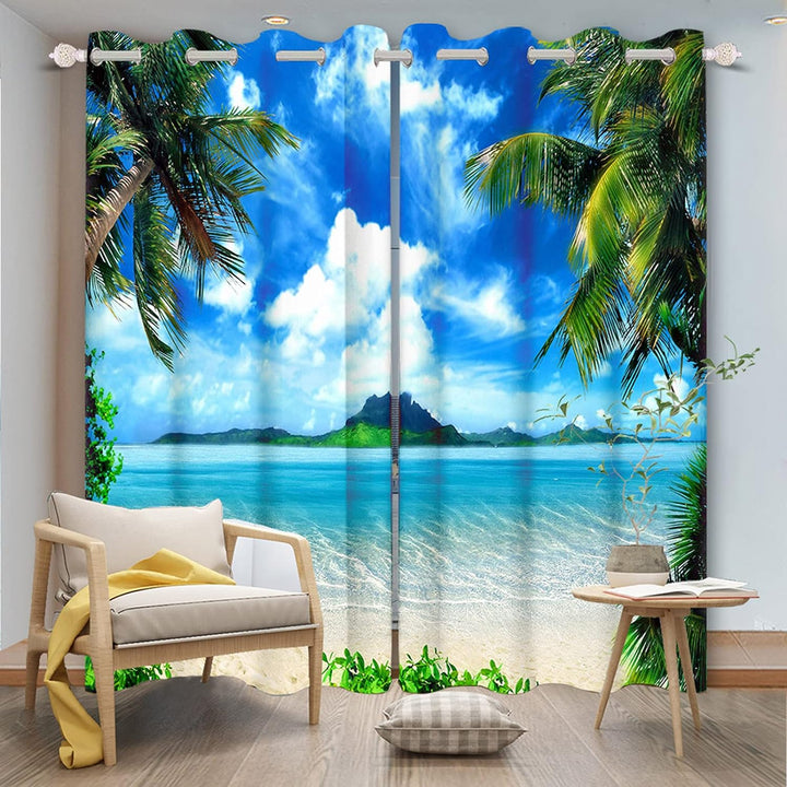 Renaiss 66x160cm Strand Blau Meer Himmel Palme Fenstervorhänge Wärmeisolierter Bedruckter Vorhang So