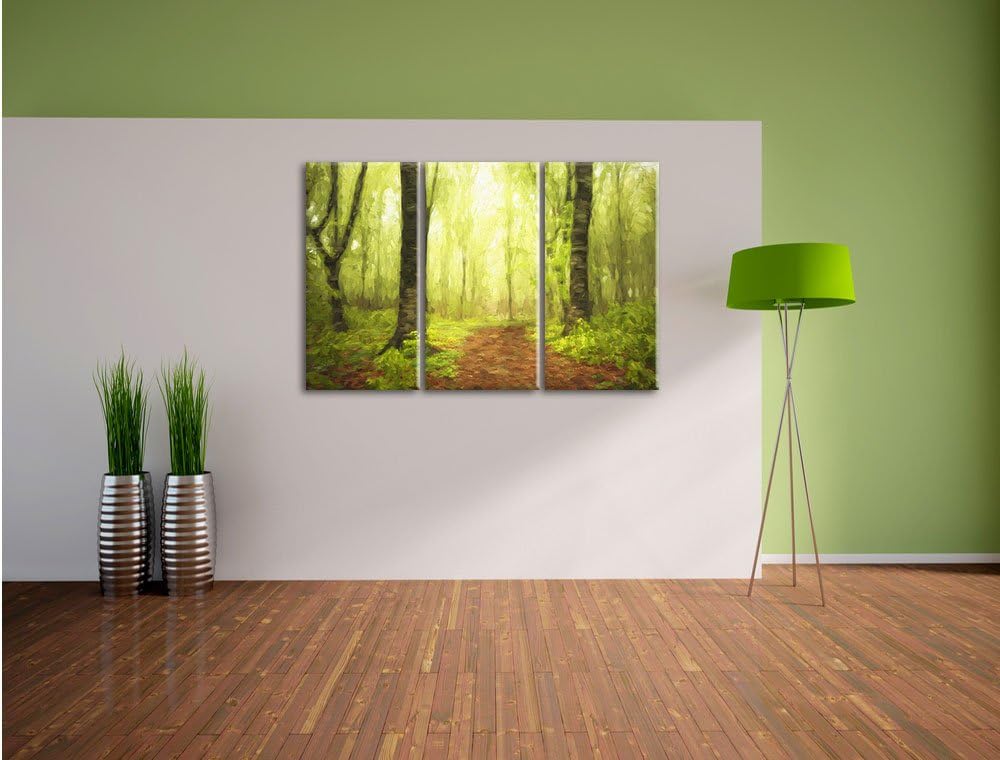 Pixxprint Sonniger Weg im atemberaubenden Wald Pinsel Effekt 3-Teiler Leinwandbild 120x80 Bild auf L