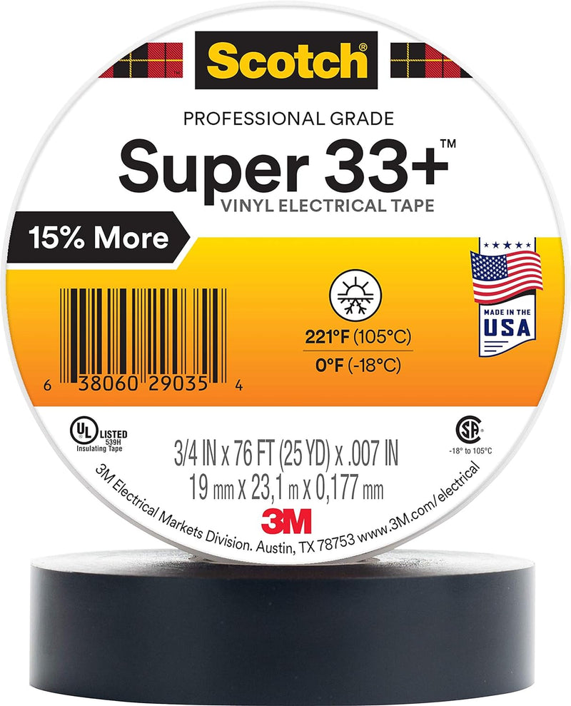 3M Scotch Super 33+ Premium Grade Allwetter-Vinyl Isolierband, 1,9 cm x 23,2 m, lange Rolle, 2,5 cm