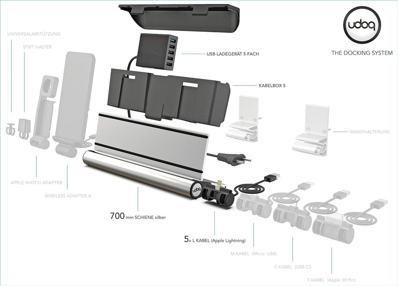 udoq 700 Multi Ladestation für iPhone Tablet und AirPods, hochwertiges Design 4mm Aluminium, Lightni