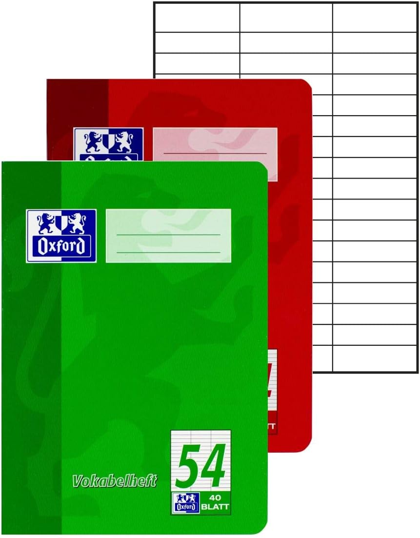 Oxford Vokabelheft, A5, Lin. 54 (3 Spalten), 40 Blatt, rot und grün, 10 Stück