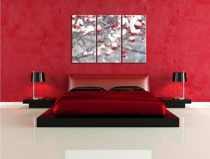 Pixxprint Vogelbeeren mit Schnee bedeckt als Leinwandbild/Grösse: 3 Teilig (120x80) cm/Wandbild/Kuns