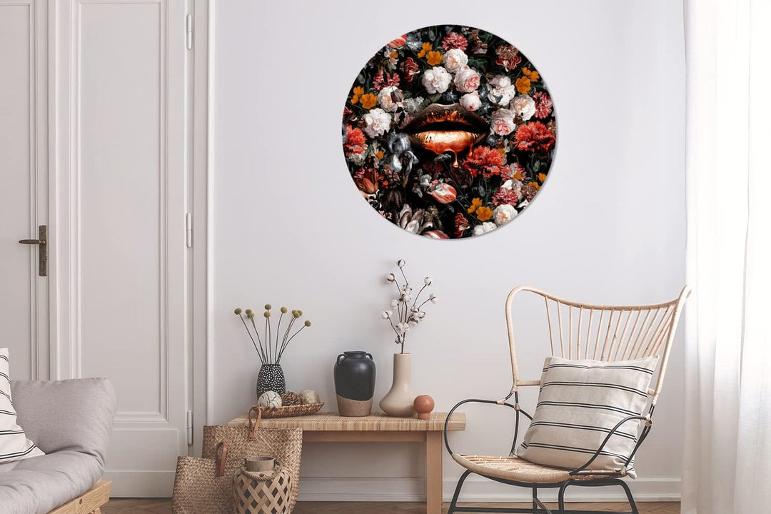 Wandbild Rund Wanddeko Deko Wohnzimmer Bilder 90x90 cm Lippen - Blumen - Farbe - Orange - Kunst - Ab